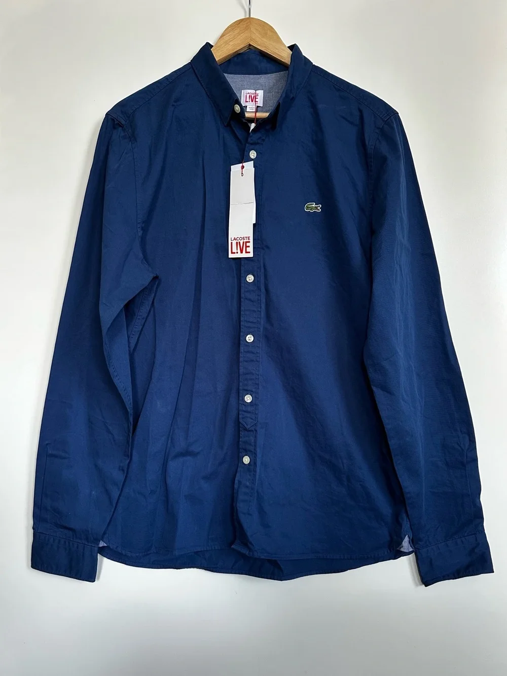 Lacoste L!VE Inkwell Blue Cotton Long Sleeve Button Down Shirt NWT 42 L Slim